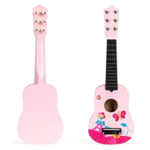 Gitara dla dzieci drewniana metalowe struny kostka różowa ECOTOYS