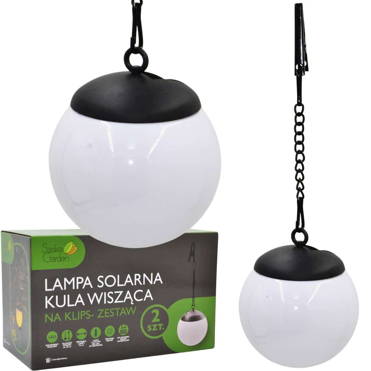 Lampa solarna plastikowa kula wisząca na klips 10x30cm kpl.2szt