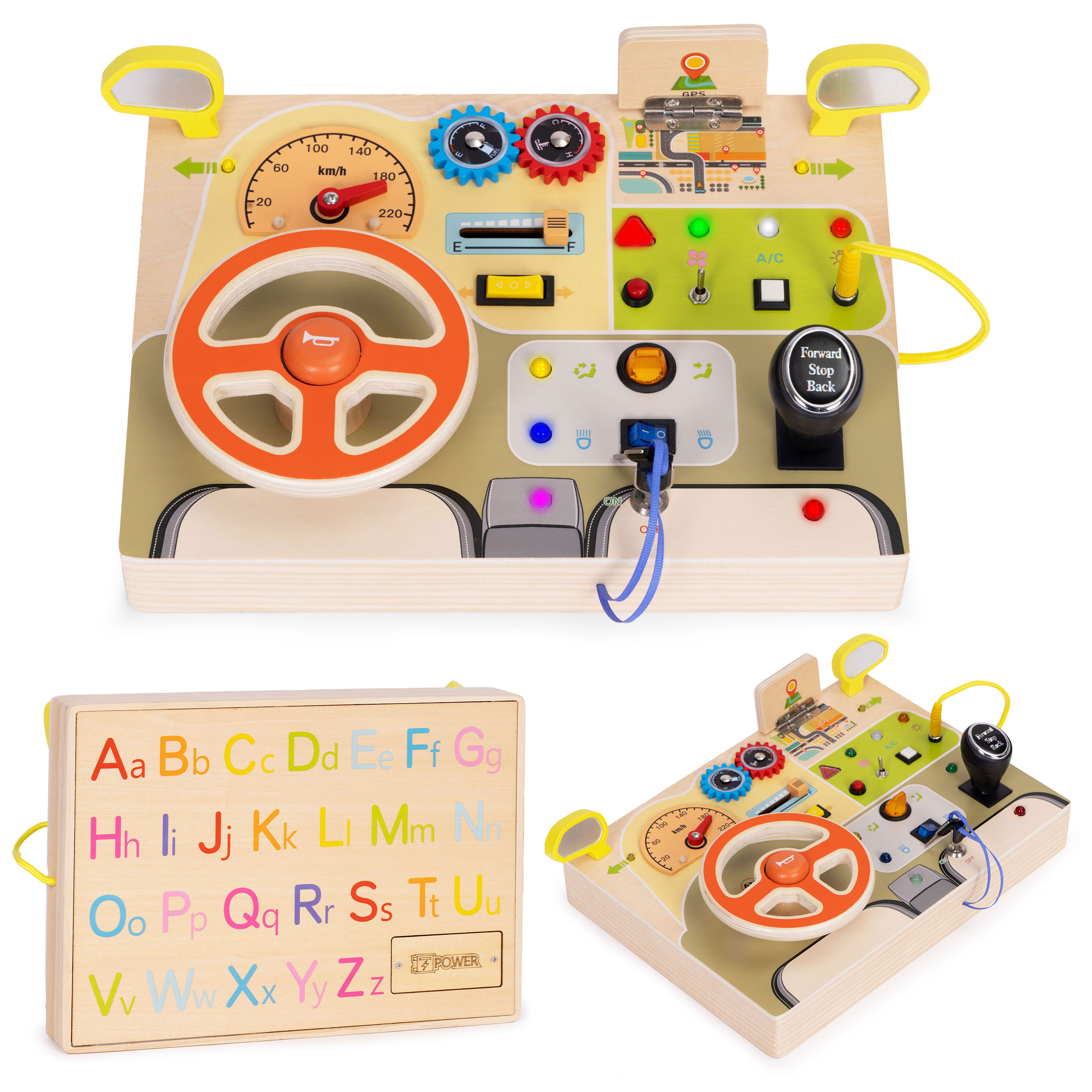 Drewniana tablica manipulacyjna LED sensoryczna dla dzieci panel edukacyjny auto kierownica 14 elementów