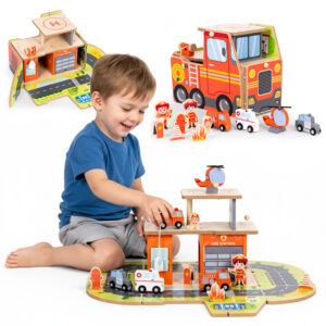 Drewniany garaż zestaw straży pożarnej 2w1 - remiza i wóz 2 piętra figurki pojazdy ECOTOYS