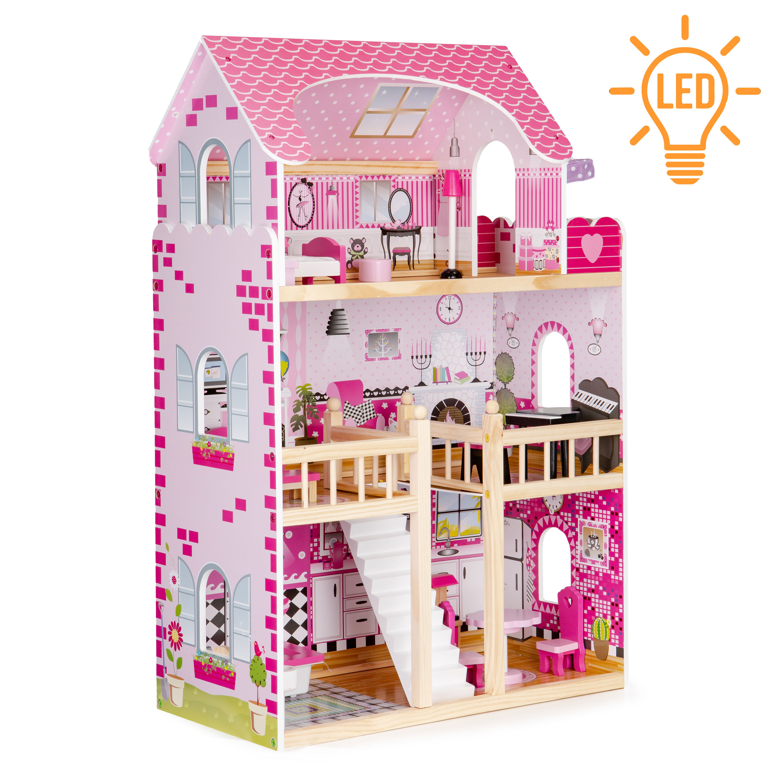 Drewniany domek dla lalek mebelki oświetlenie LED ECOTOYS