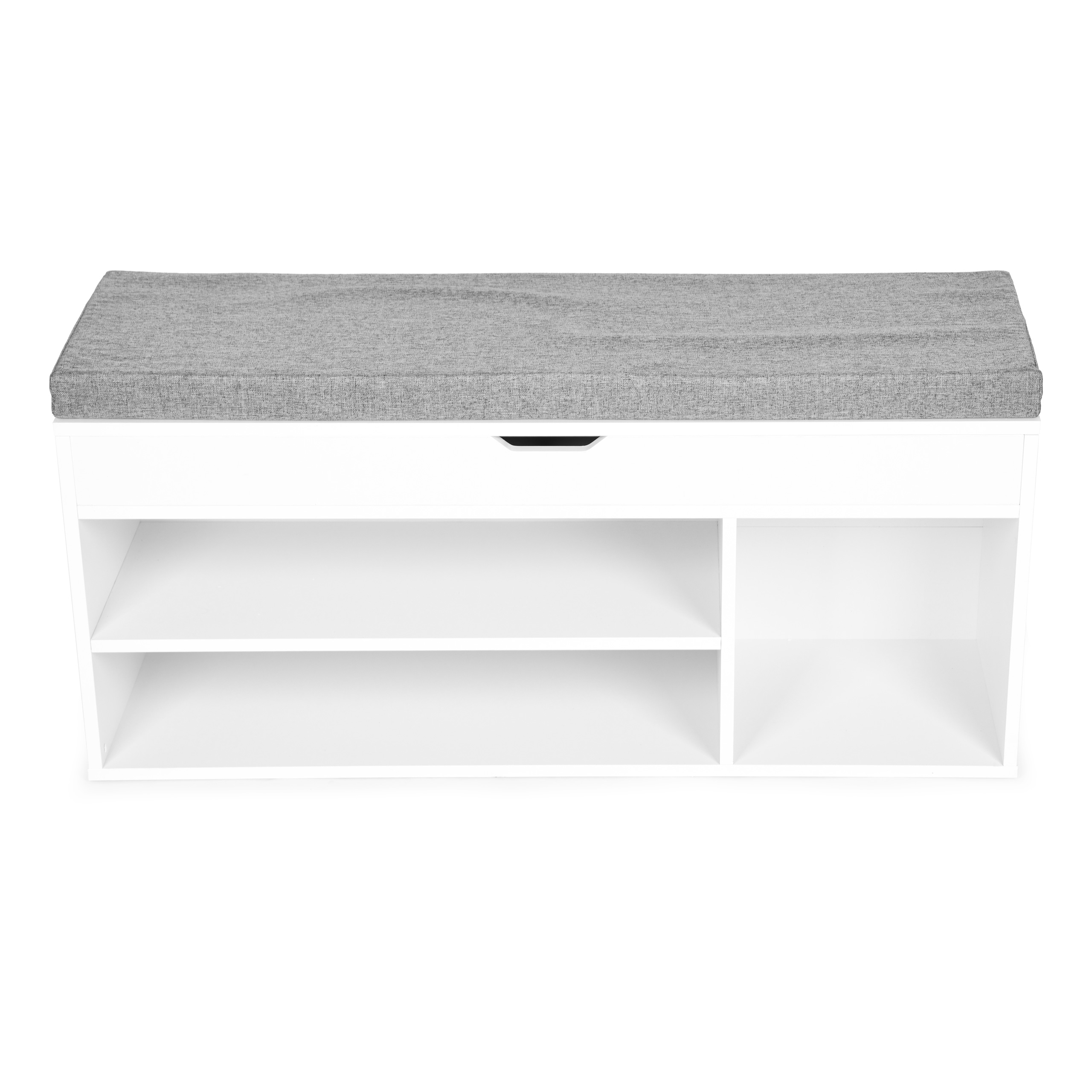 Szafka na buty z szarą poduszką i otwieranym siedziskiem 3 półki biała ModernHome - obrazek 2