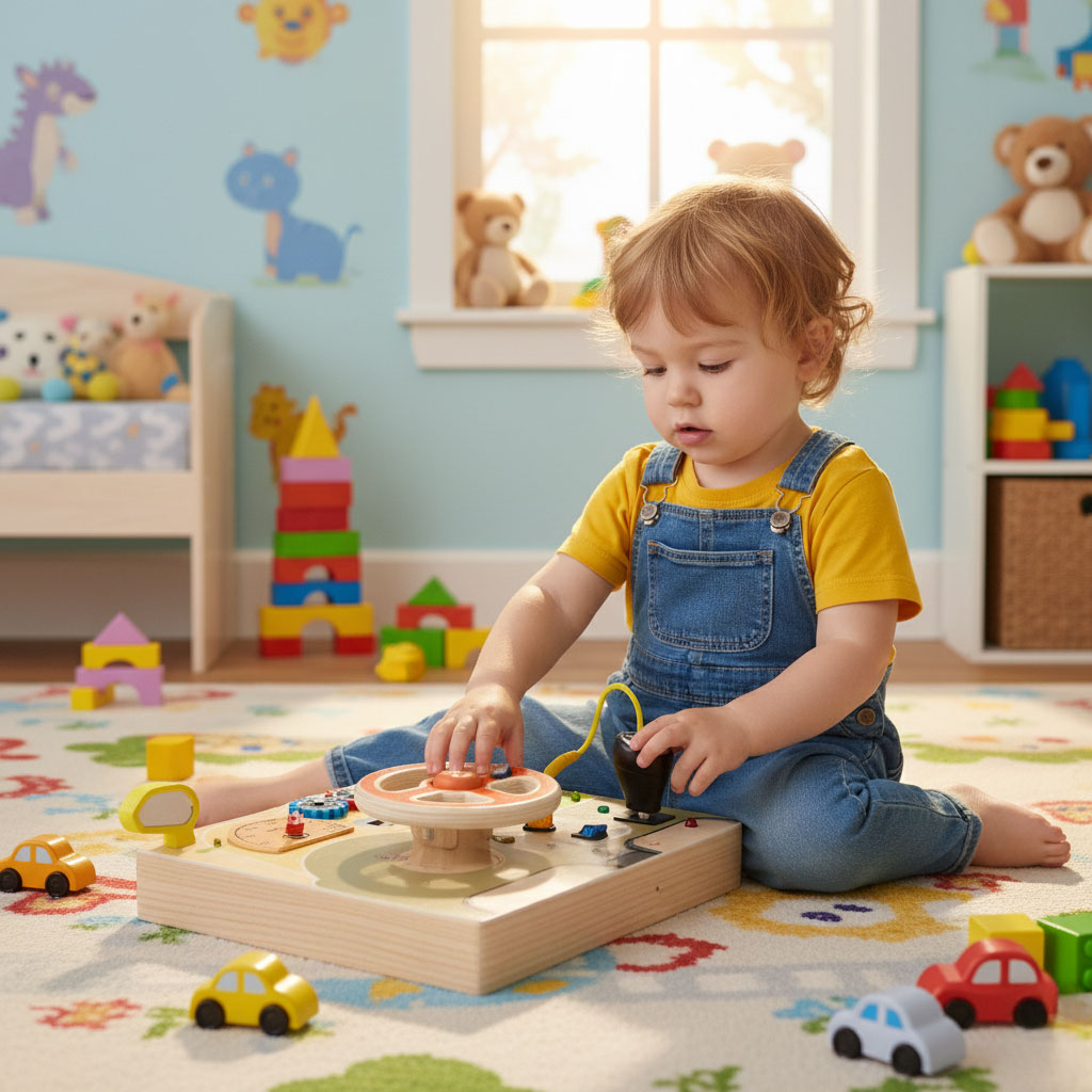 Drewniana tablica manipulacyjna LED sensoryczna dla dzieci panel edukacyjny auto kierownica 14 elementów - obrazek 2
