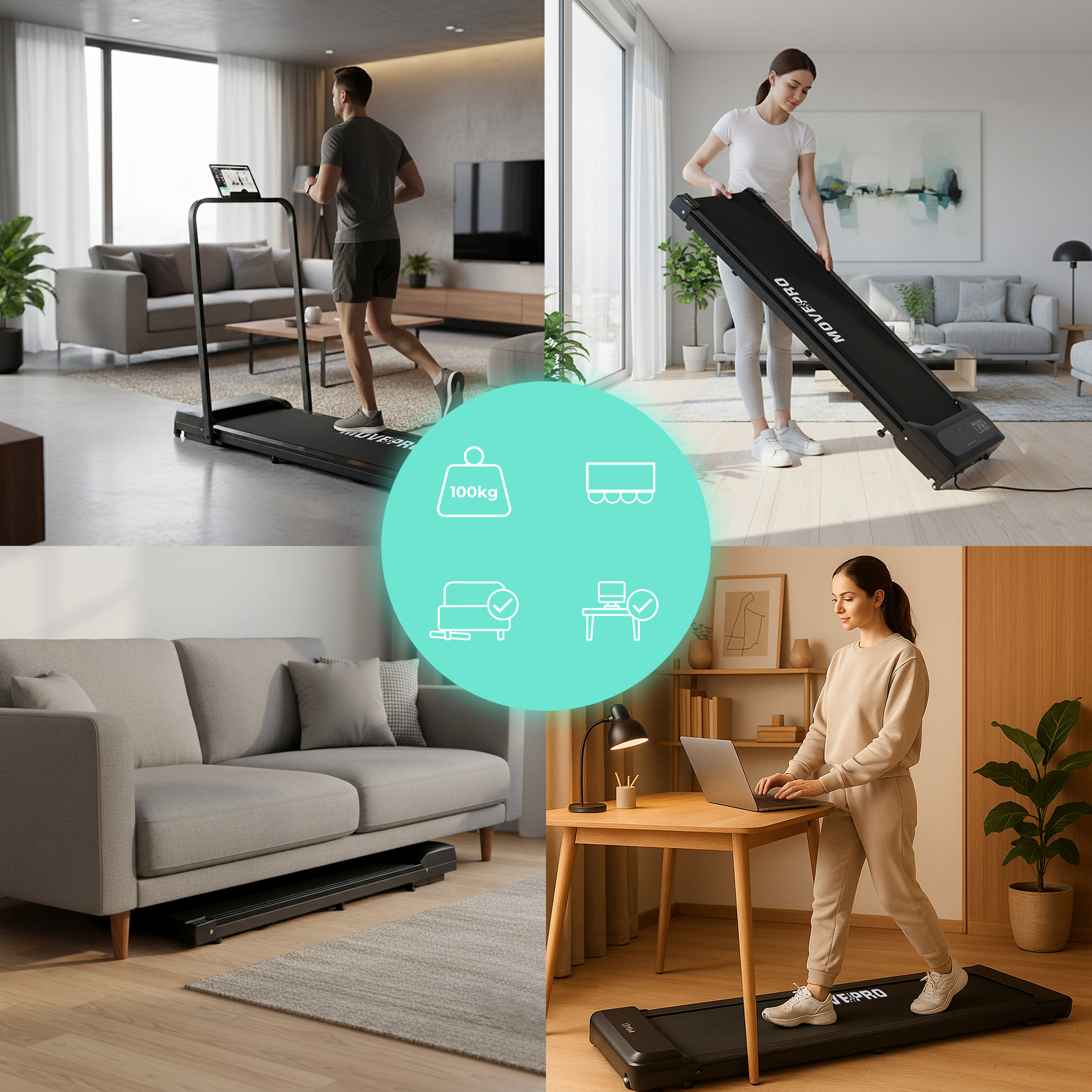 Bieżnia domowa z uchwytem elektryczna walking pad treningowy pod biurko 10 km/h MOVEPRO - obrazek 2