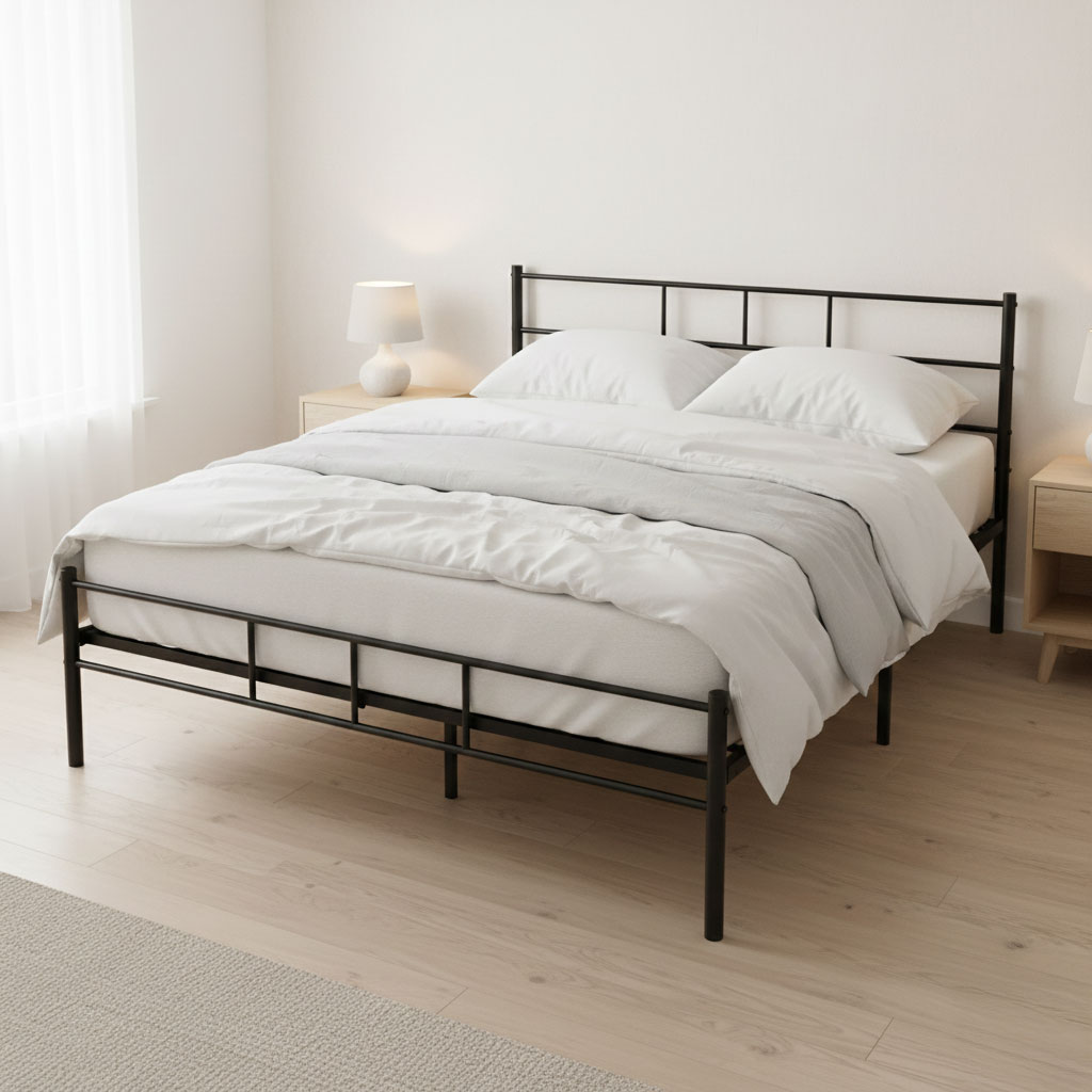 Łóżko metalowe 140x200 cm ze stelażem czarna rama ModernHome - obrazek 2