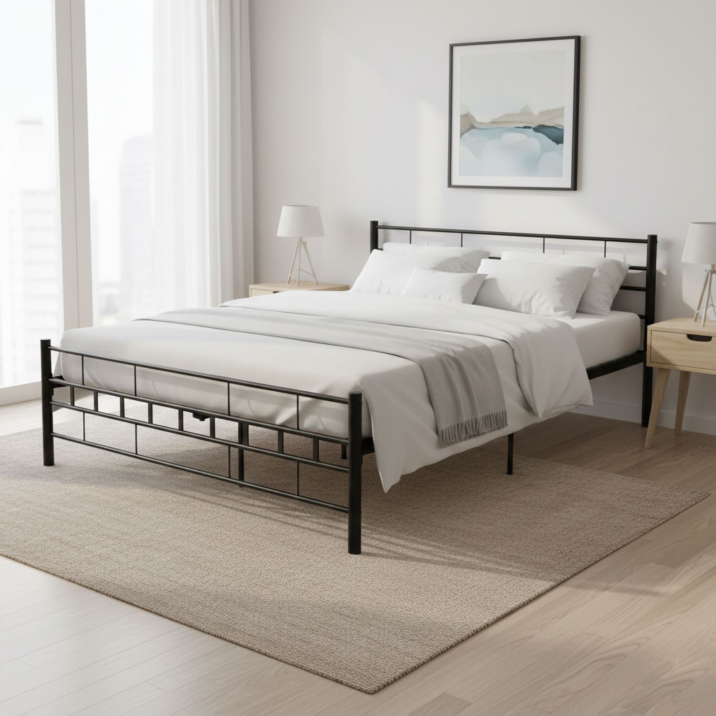 Łóżko metalowe 140x200 cm ze stelażem czarna rama ModernHome - obrazek 2
