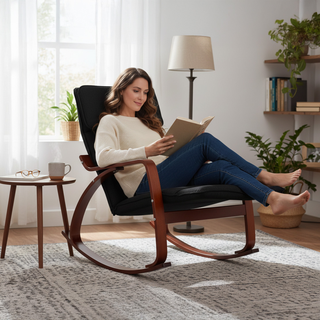 Fotel bujany regulowany podnóżek drewniane ramiona ModernHome - obrazek 2