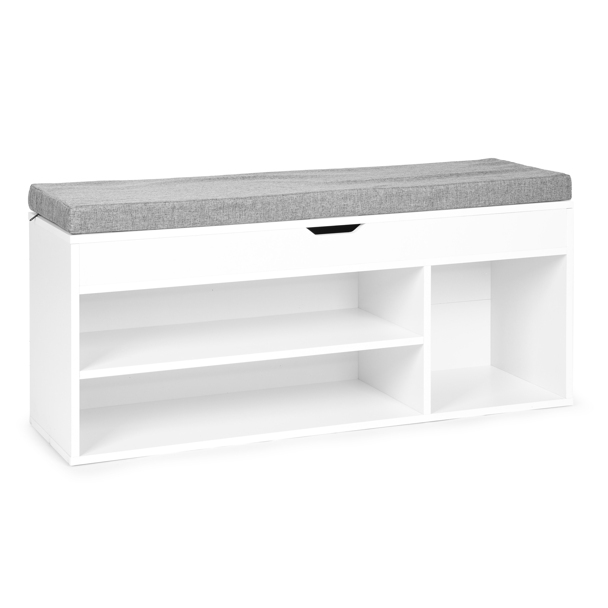 Szafka na buty z szarą poduszką i otwieranym siedziskiem 3 półki biała ModernHome - obrazek 3