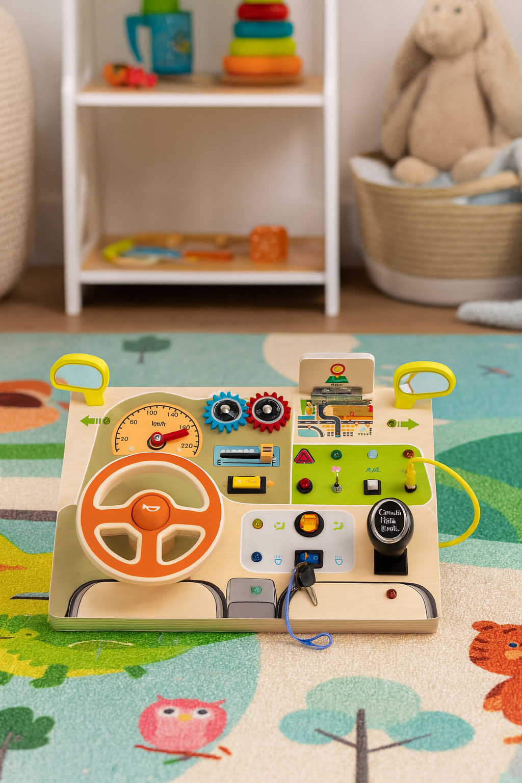 Drewniana tablica manipulacyjna LED sensoryczna dla dzieci panel edukacyjny auto kierownica 14 elementów - obrazek 3