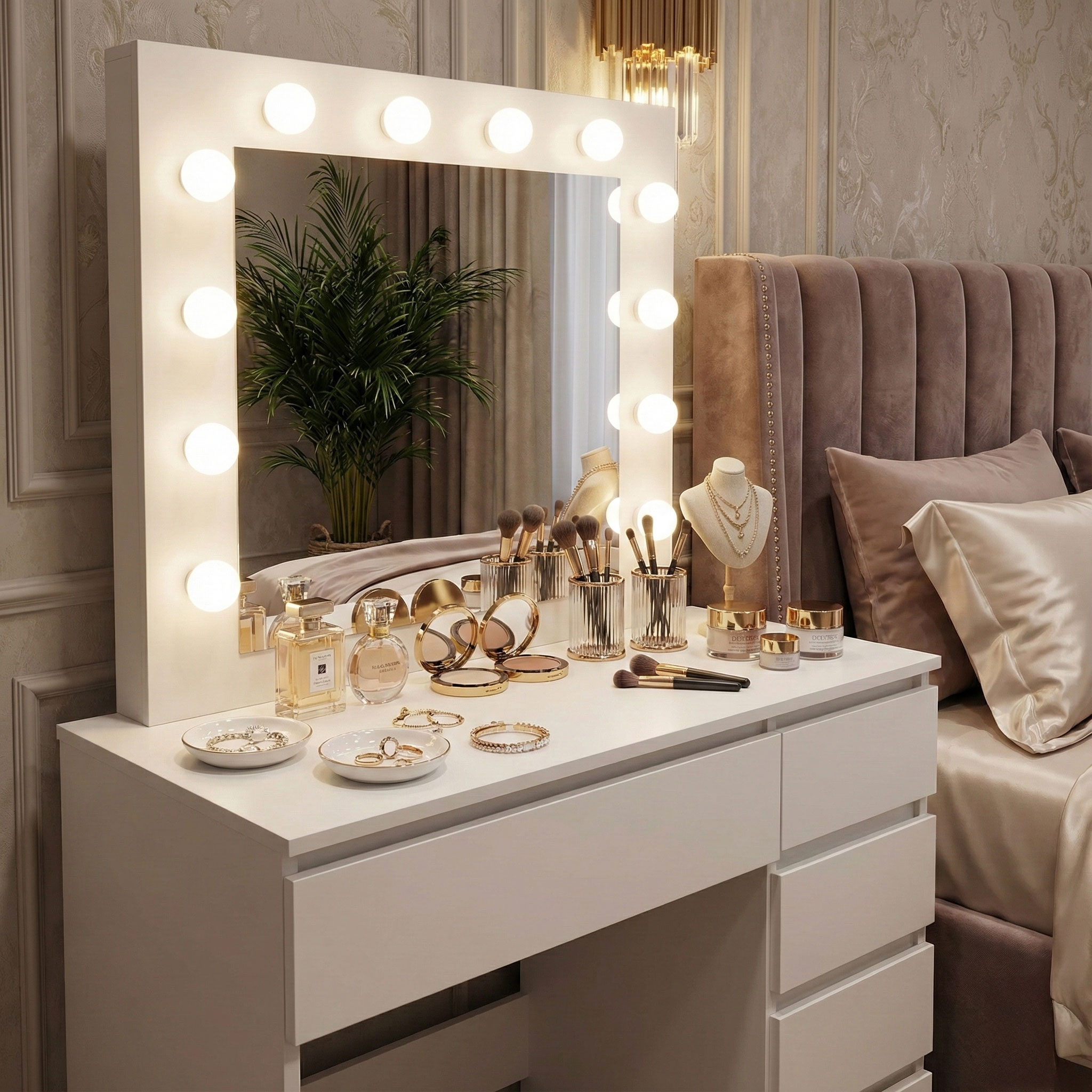 Toaletka kosmetyczna z lustrem i oświetleniem 5 szuflad taboret ModernHome - obrazek 3