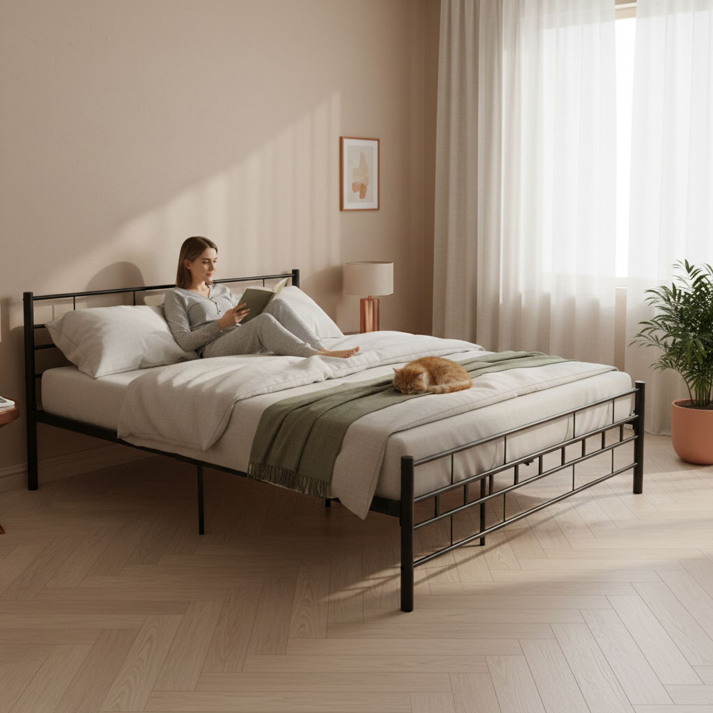 Łóżko metalowe 140x200 cm ze stelażem czarna rama ModernHome - obrazek 3