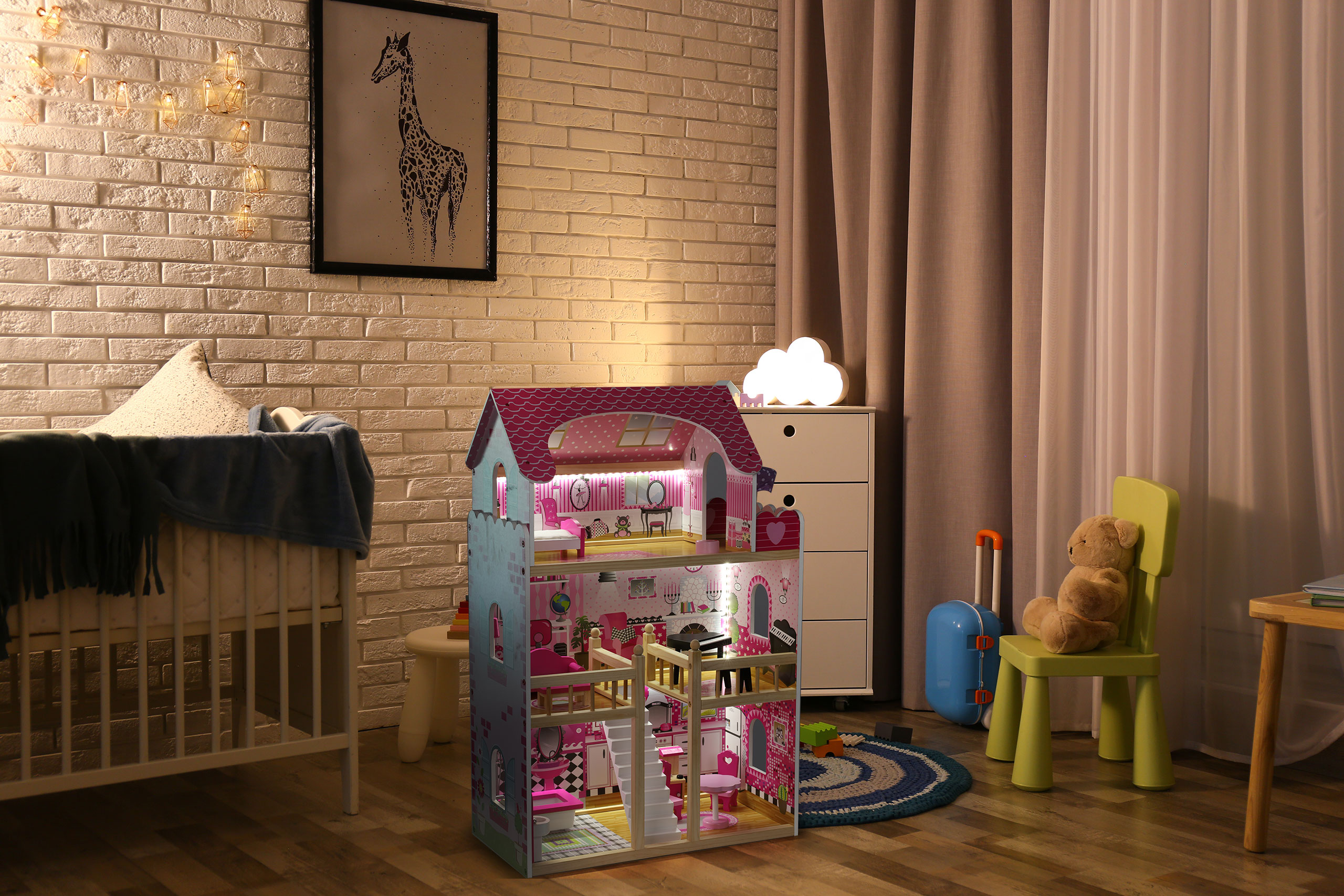 Drewniany domek dla lalek mebelki oświetlenie LED ECOTOYS - obrazek 3