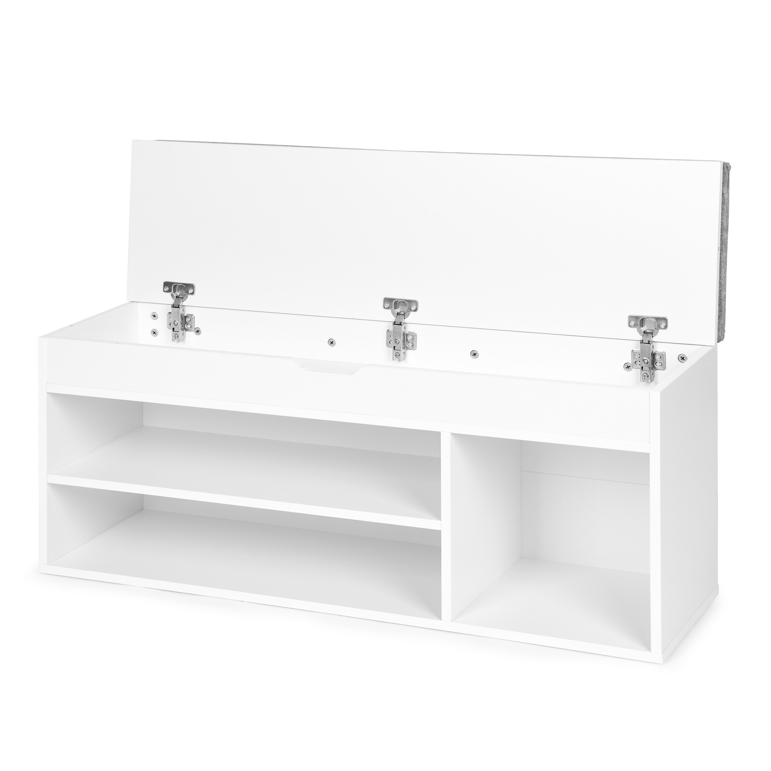 Szafka na buty z szarą poduszką i otwieranym siedziskiem 3 półki biała ModernHome - obrazek 4