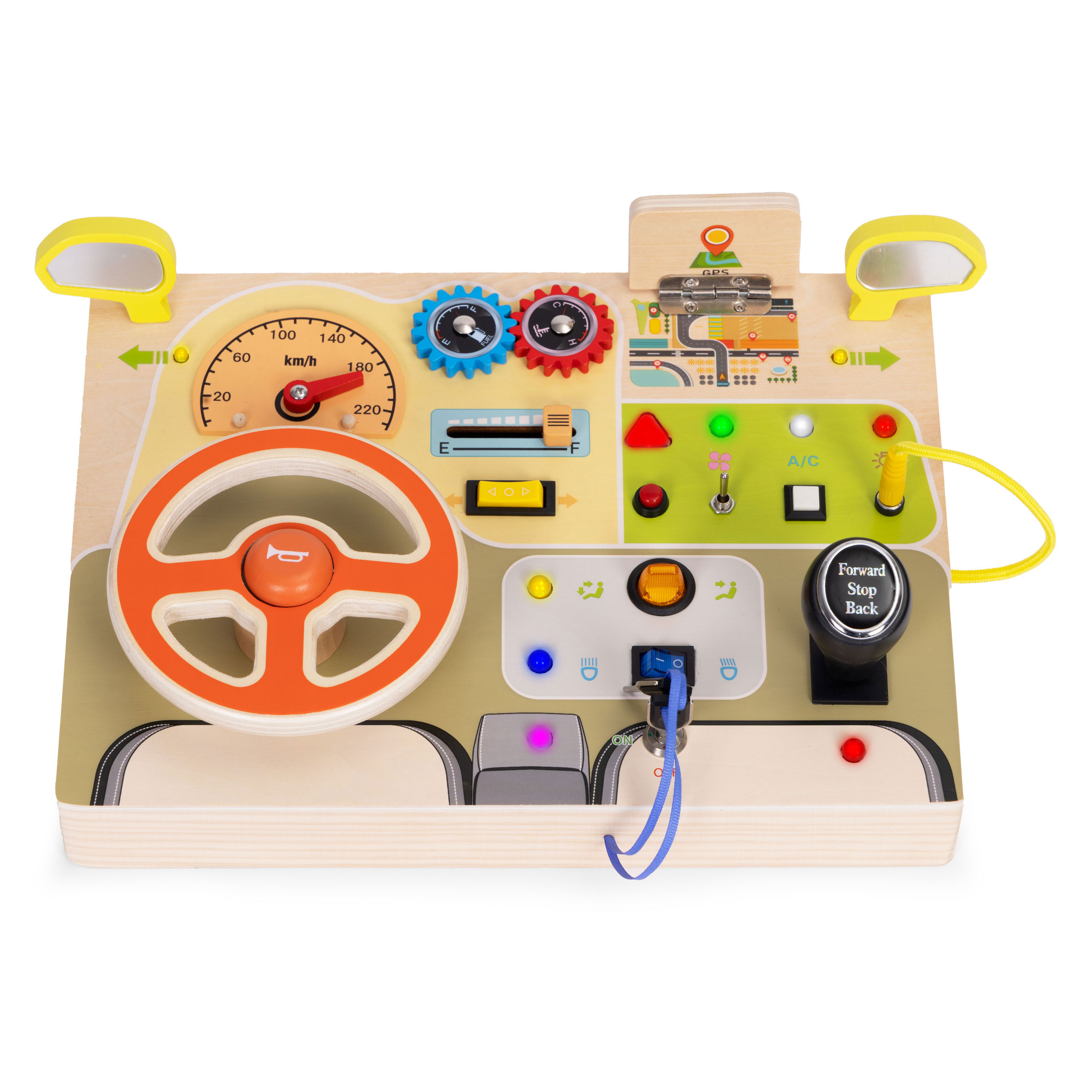 Drewniana tablica manipulacyjna LED sensoryczna dla dzieci panel edukacyjny auto kierownica 14 elementów - obrazek 4