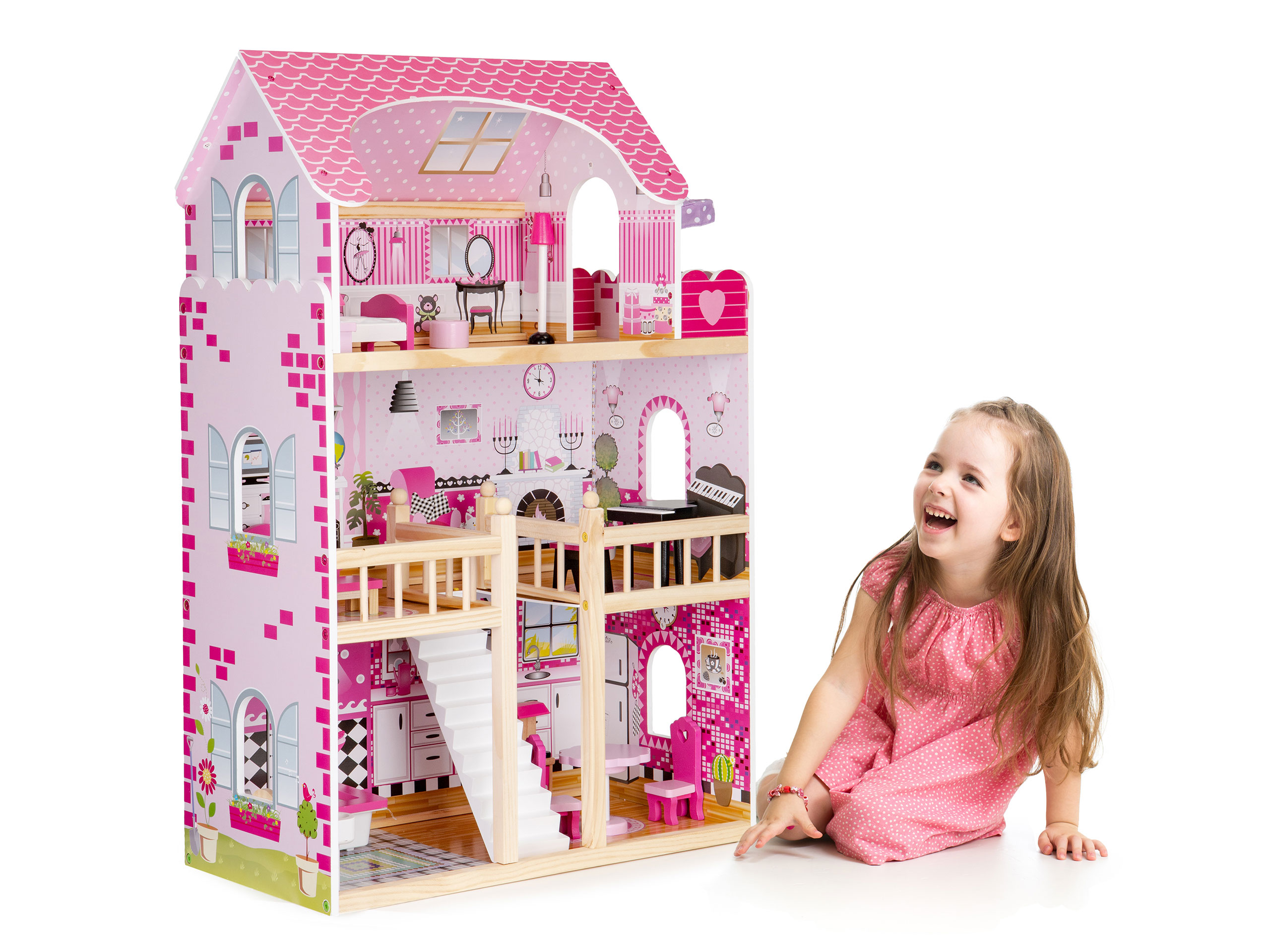 Drewniany domek dla lalek mebelki oświetlenie LED ECOTOYS - obrazek 4